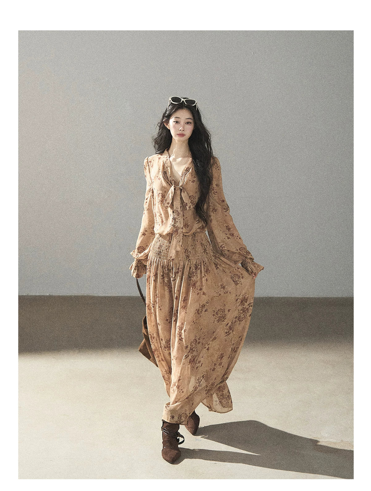 AOMALM - Oatmeal Rose-Print Chiffon Layered Maxi Dress Set