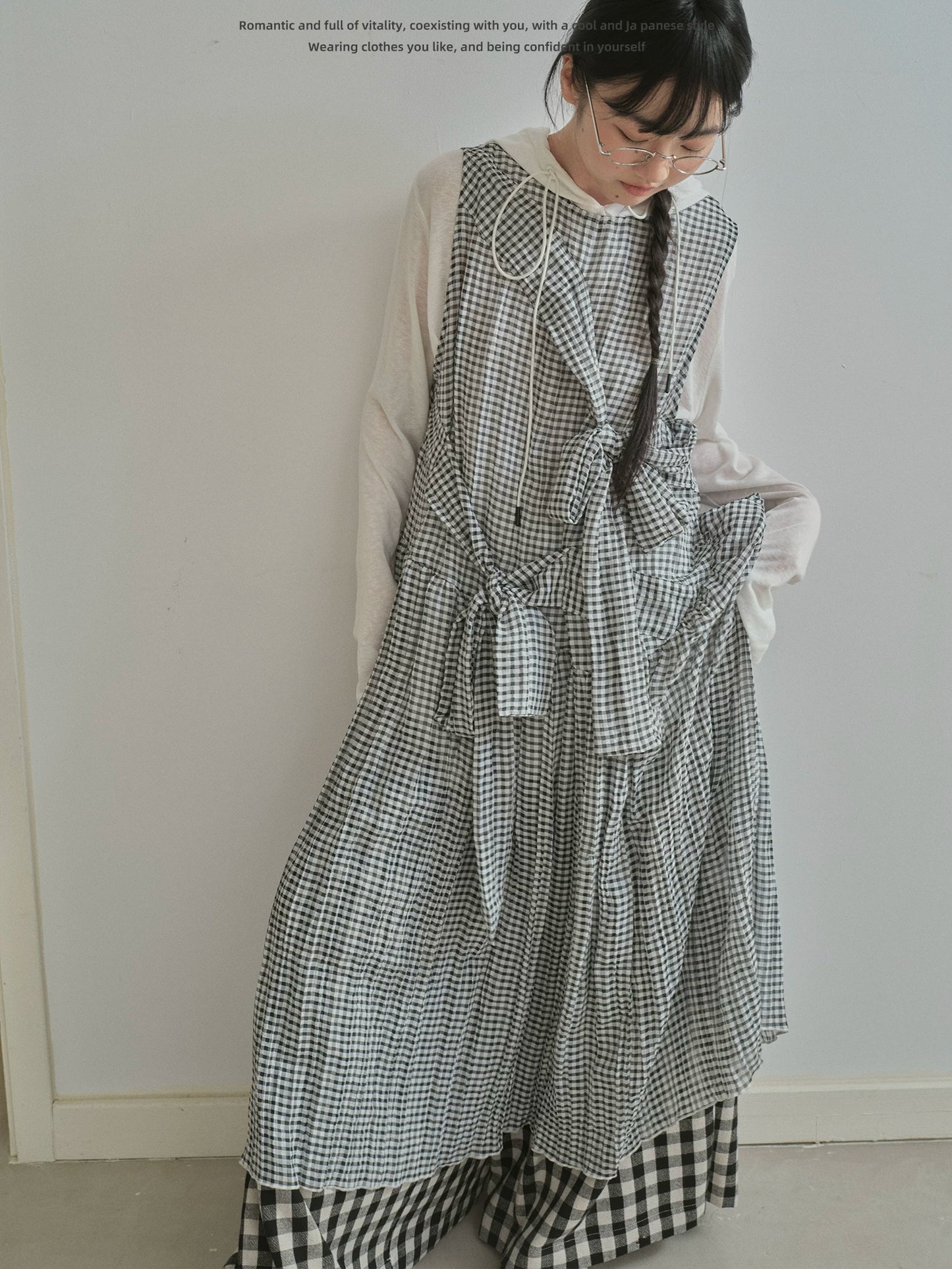 "Heritage Ribbon" Black & White Plaid Plaid Bow Maxi Dress