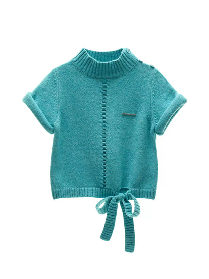 MAMC - Blue Ribbed Mock-Neck Tie-Hem Knit Sweater