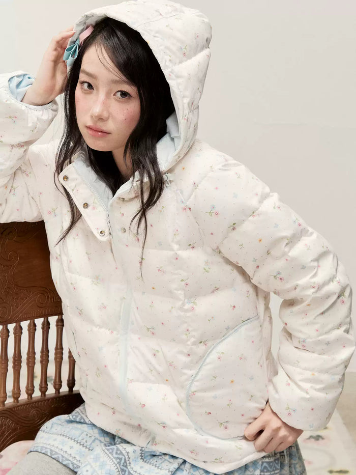 RF - Ivory Floral Print Cropped Hooded Down Jacket with Contrast Lining