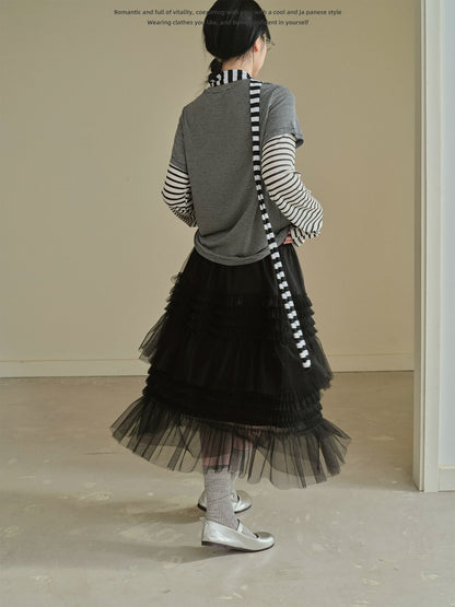 "Misty Layers" Tiered Mesh Skirt (Black / Greige)