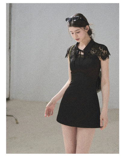 "Moonlit Rose Sonata" Tranquil Black Lace Mini Dress & Cape Set