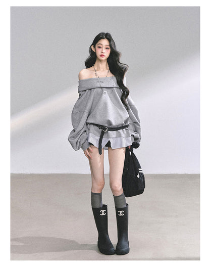 少也眼 ""Yale-Inspired Girl" Faux-Layered Oversized Hoodie with Belt 4536486