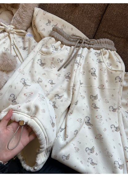 阮阮自制 - Honey Bear Ivory Plush Padded Jacket & Fleece Pants Set
