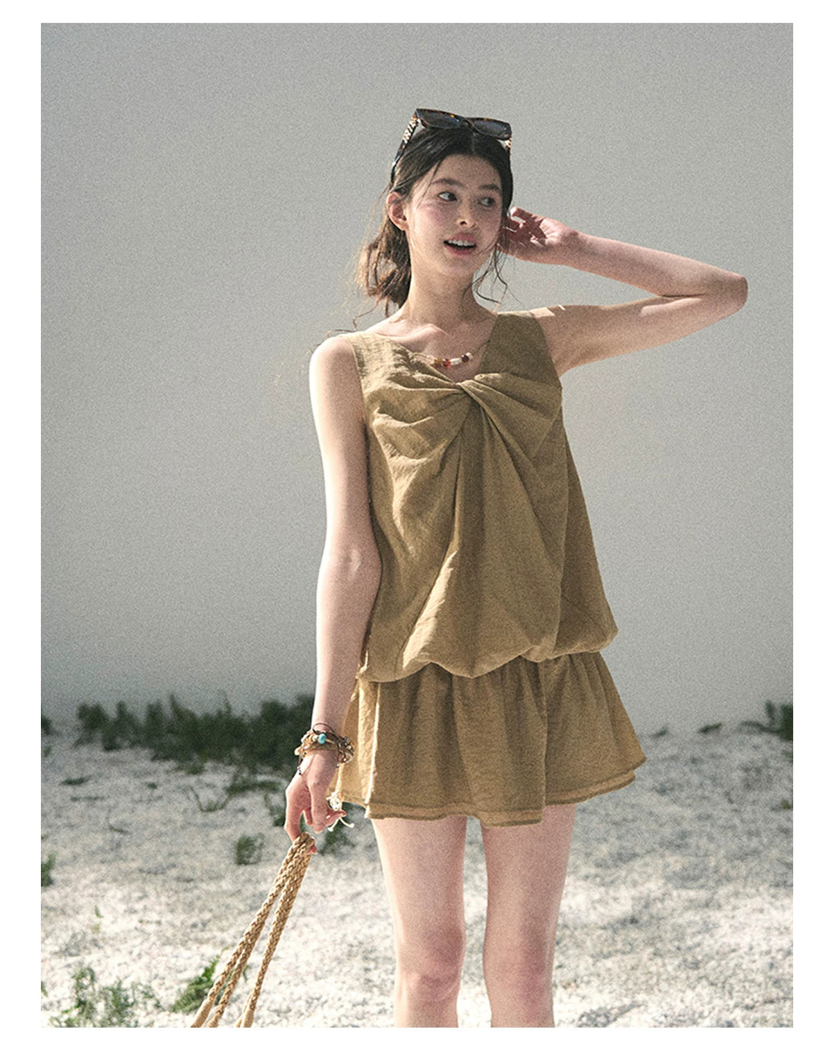 “Whispering Grass” Milk Tea Twist Mini Dress