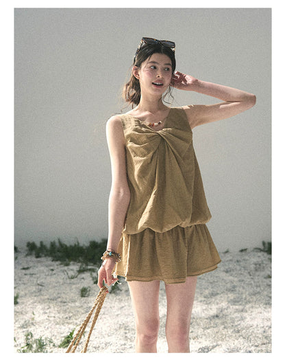 “Whispering Grass” Milk Tea Twist Mini Dress