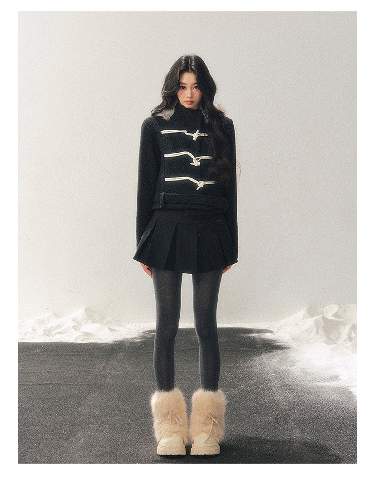 少也眼 "Silent Devotion" Quilted Fringe Wool Coat - Quiet Black