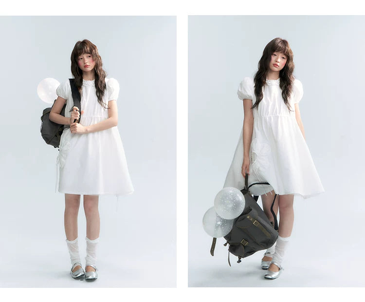"Puff Doll Dress" Ruffle Trim Puff Sleeve Cotton A-Line Dress (White/ Black)