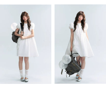 "Puff Doll Dress" Ruffle Trim Puff Sleeve Cotton A-Line Dress (White/ Black)