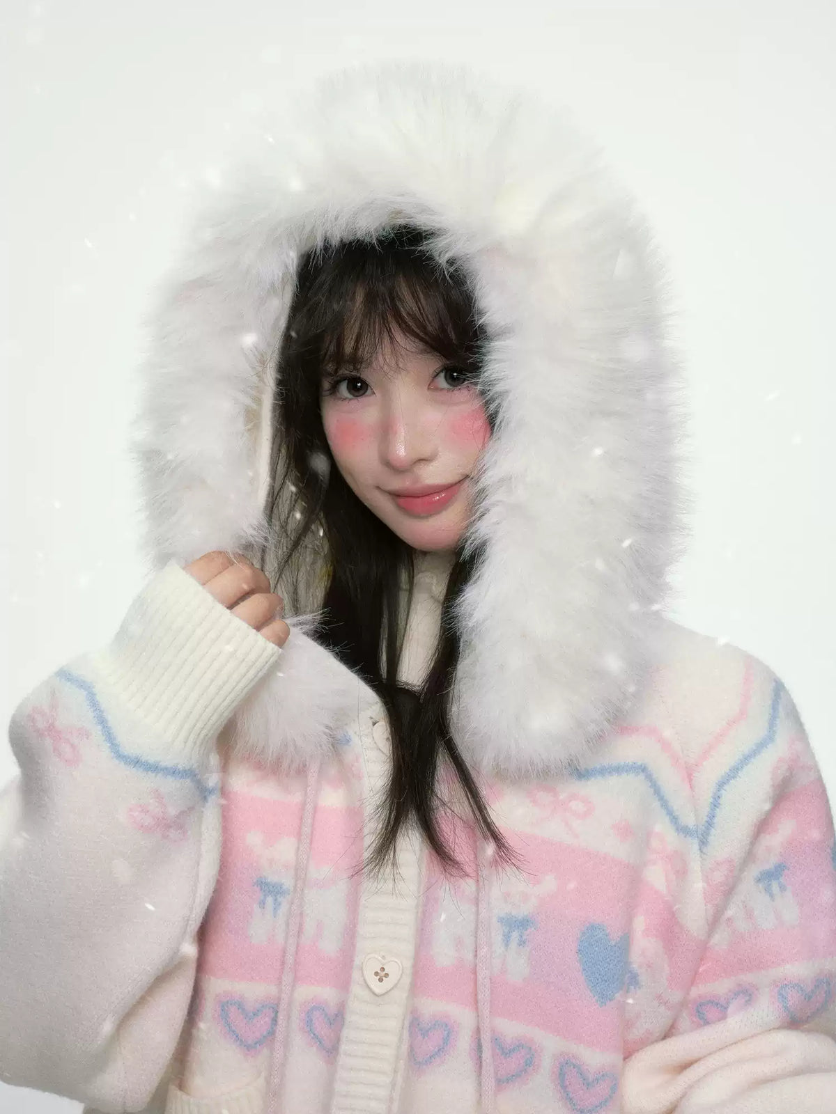 BIBIBENCY - Pink and White Hooded Knit Cardigan with Faux Fur Trim