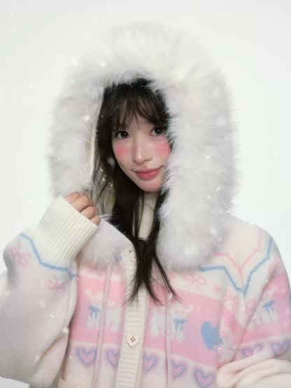 BIBIBENCY - Pink and White Hooded Knit Cardigan with Faux Fur Trim
