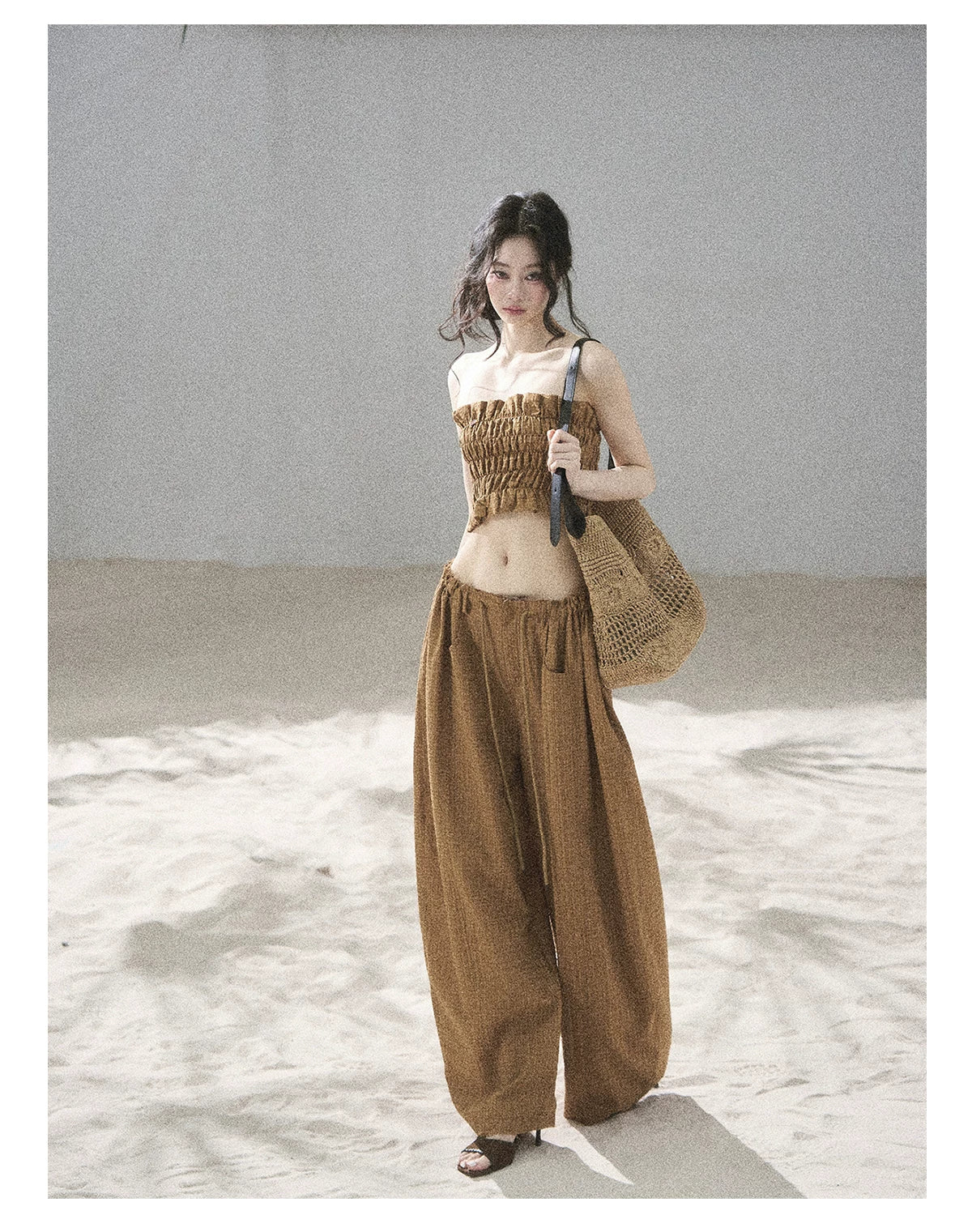 "Caramel Dusk" Ash Caramel Shirred Bandeau Top & Relaxed Pants Set