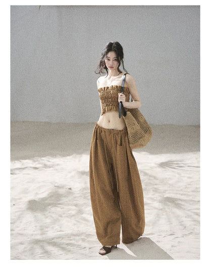 "Caramel Dusk" Ash Caramel Shirred Bandeau Top & Relaxed Pants Set