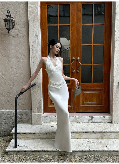 VENUIE - Champagne Satin Lace-Trim Halter Mermaid Maxi Dress