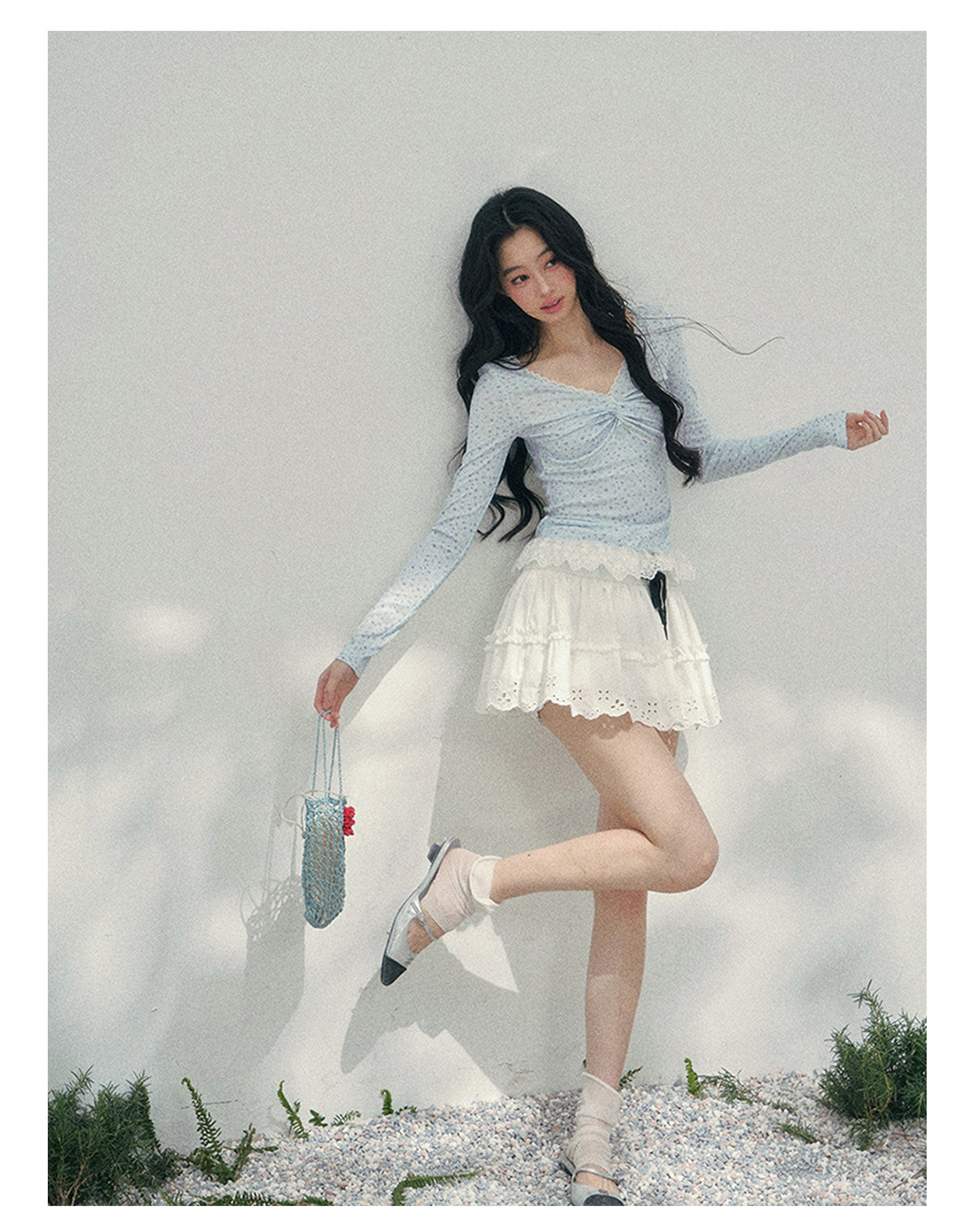 少也眼 "Heartbeat Pause" Baby Blue Back Lace Cut-Out Top 53685634