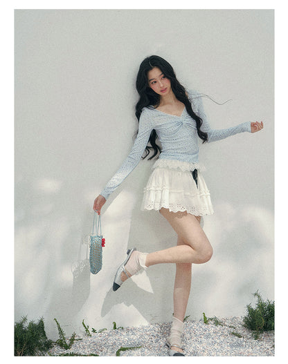 少也眼 "Heartbeat Pause" Baby Blue Back Lace Cut-Out Top 53685634