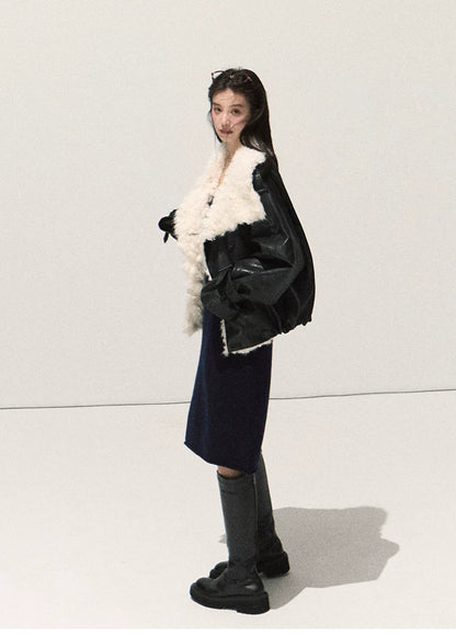 OAKMOO/ Cropped Faux Leather Shearling-Collar Jacket (Rich Black / Hazelnut Khaki)