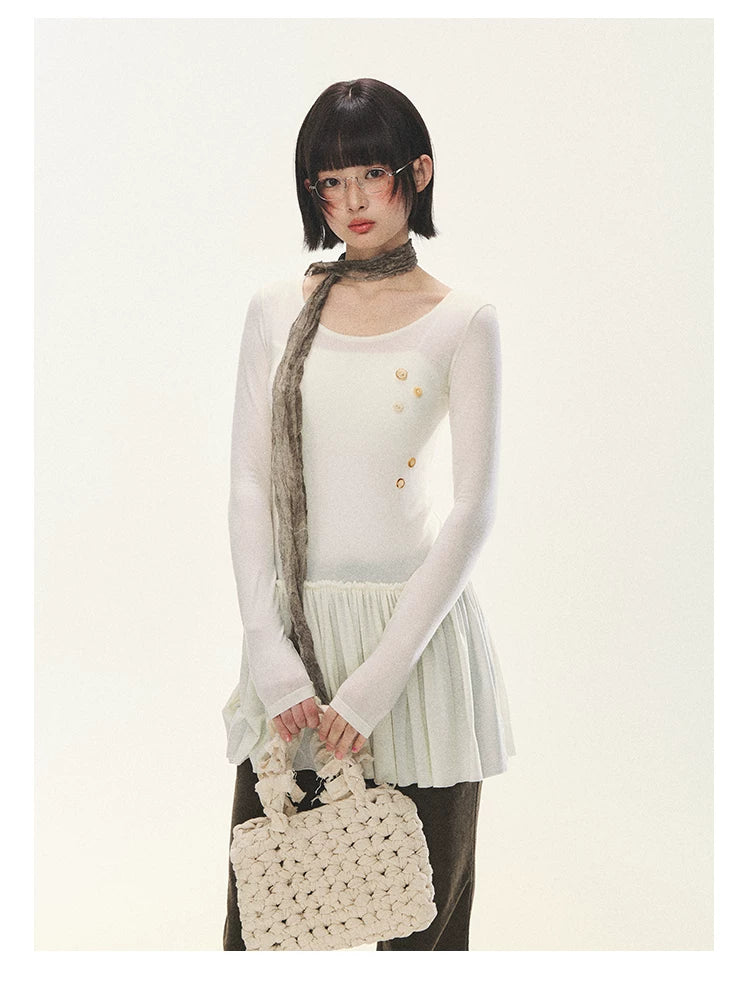 "Spring Memoir" TENCEL™ Wool Pleated Knit Midi Dress (Oat Gray/ Butter Cream)