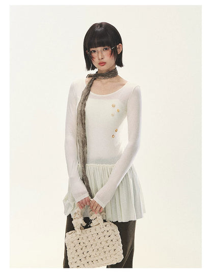 "Spring Memoir" TENCEL™ Wool Pleated Knit Midi Dress (Oat Gray/ Butter Cream)