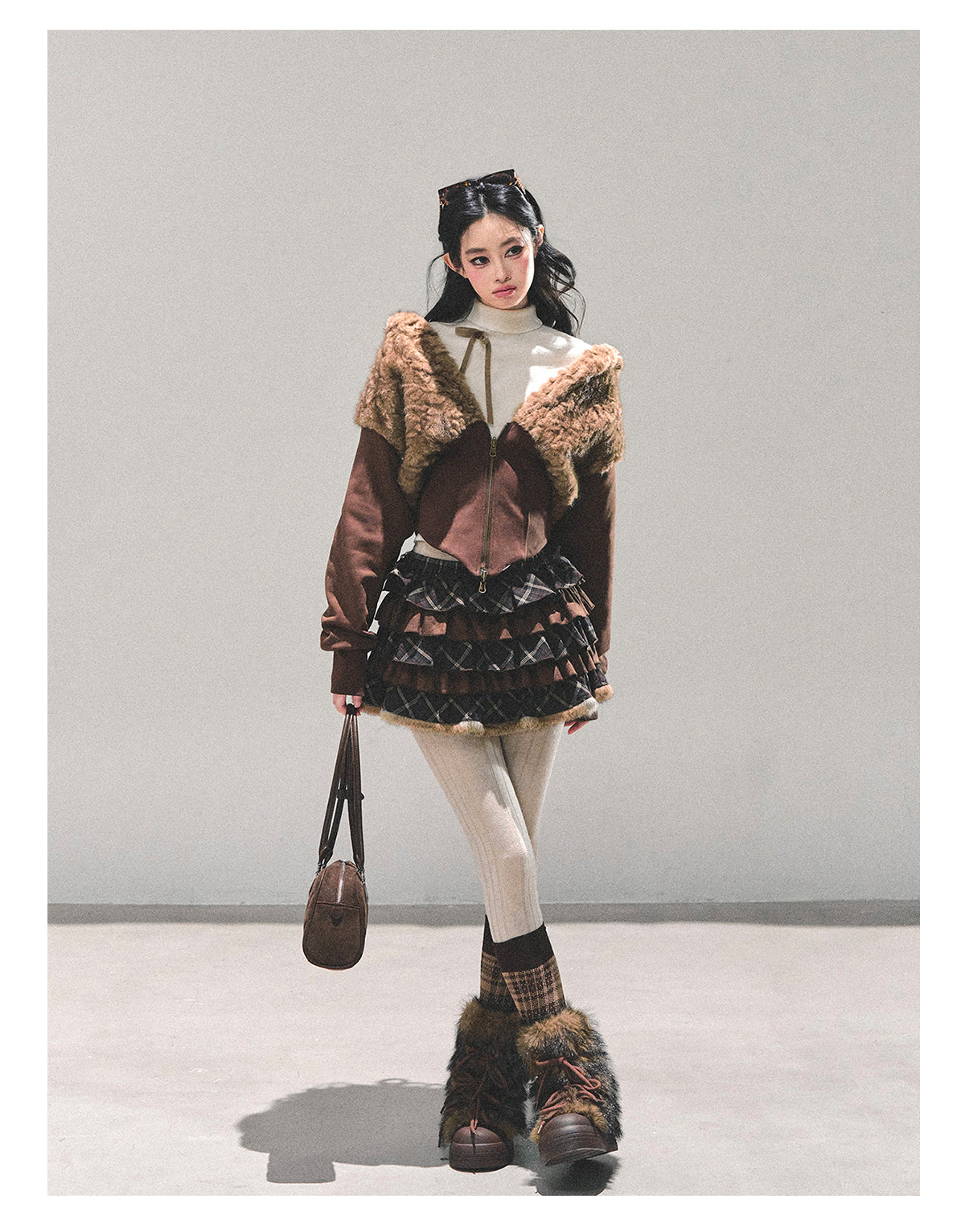 少也眼 “Melard Poem” Plaid Layered Brown Mini Skirt 8455211