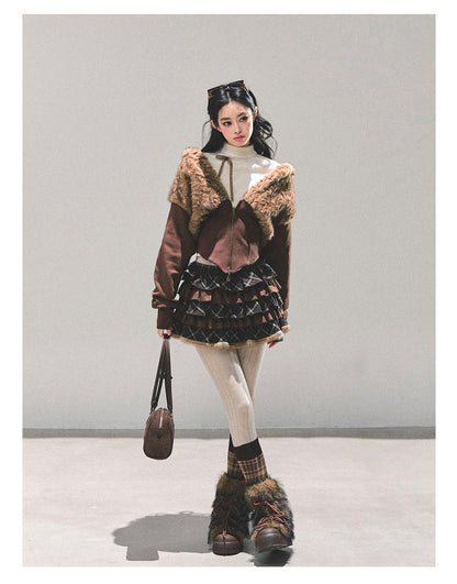 少也眼 “Melard Poem” Plaid Layered Brown Mini Skirt 8455211