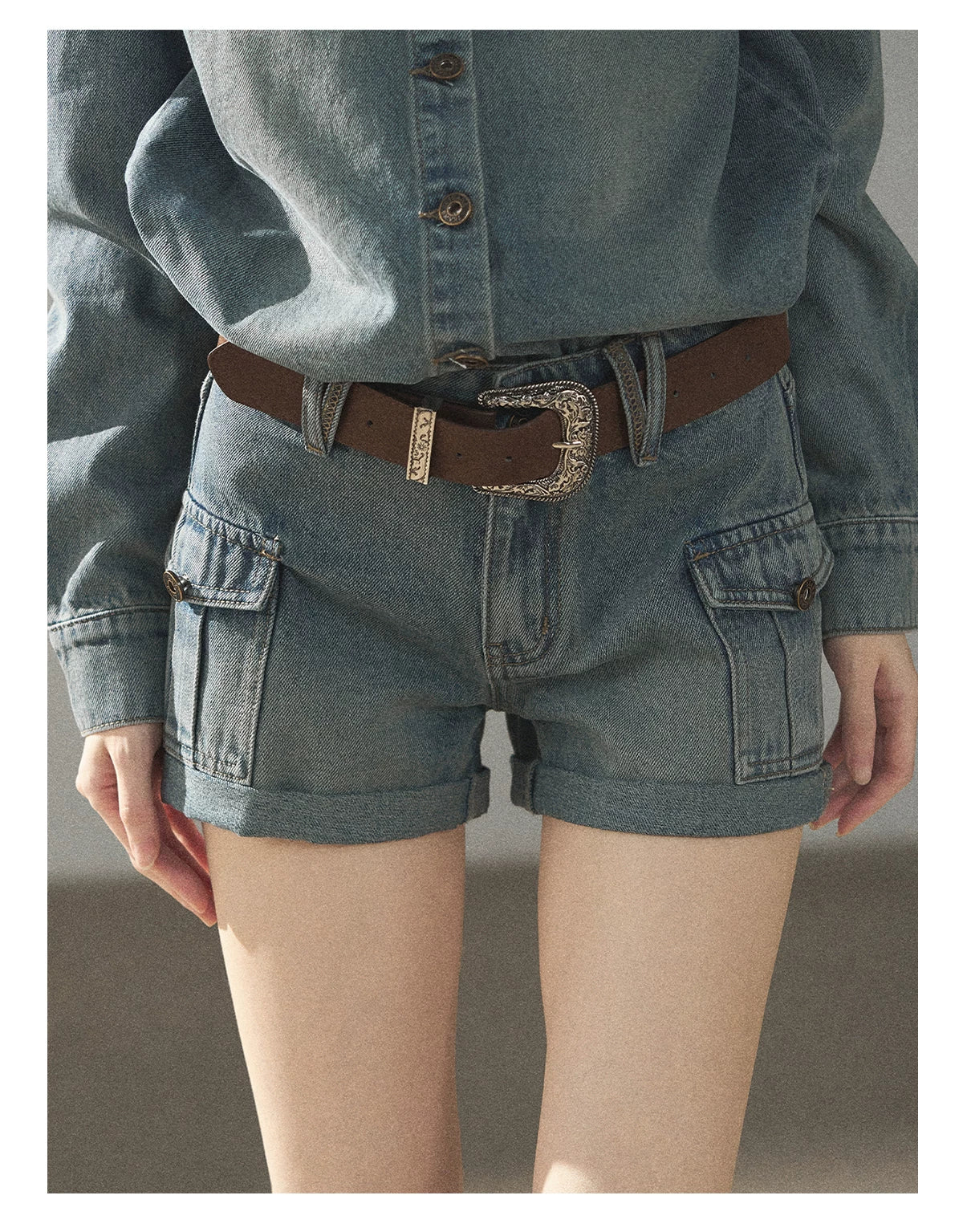 AOMALM - "Borrowed Sunshine" Vintage Blue Denim Commuter Set (Top + Shorts with Belt)
