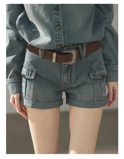 AOMALM - "Borrowed Sunshine" Vintage Blue Denim Commuter Set (Top + Shorts with Belt)
