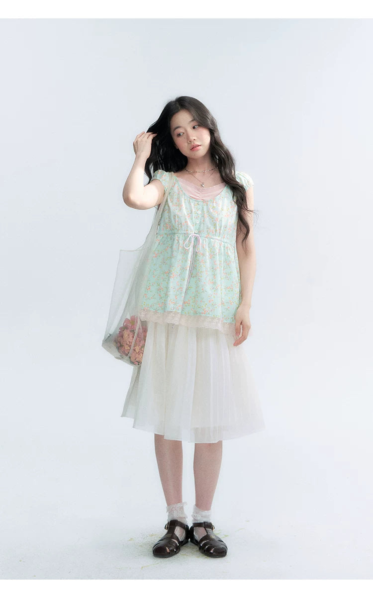 "Mint Blossom" Mint Green Floral Layered Floral Babydoll Top