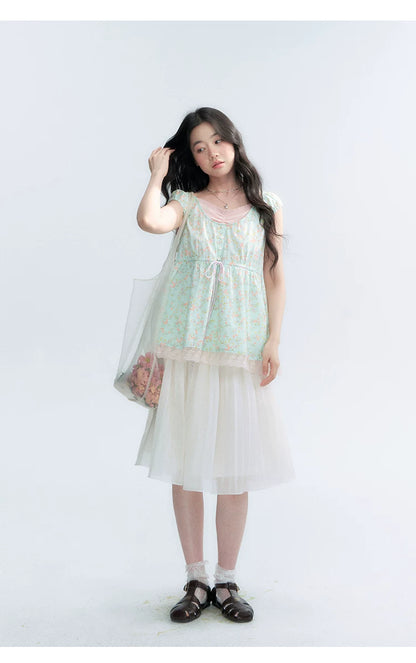 "Mint Blossom" Mint Green Floral Layered Floral Babydoll Top