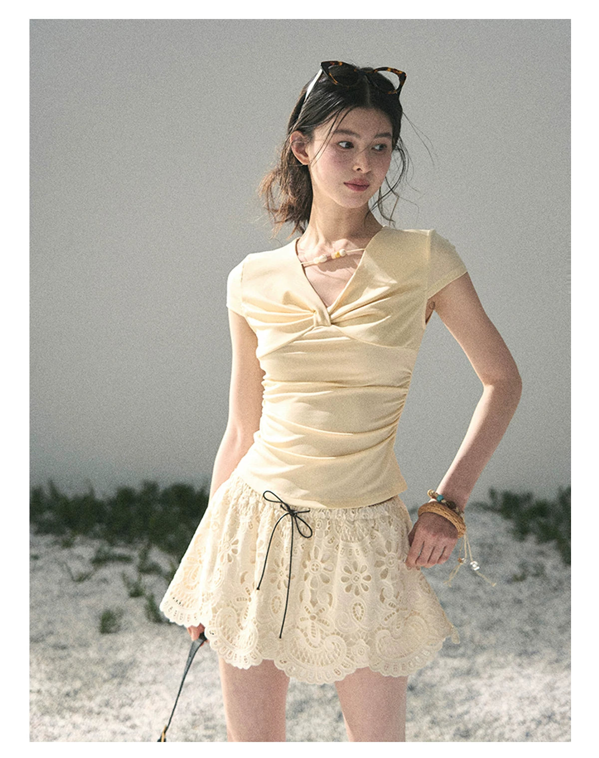 “Sheer Spring Whisper” Milkshake Yellow Twist V-Neck Top