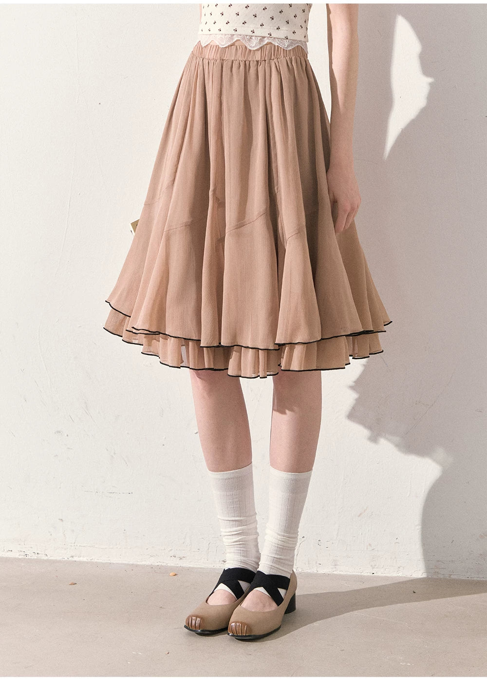 "Summer Café Encounter" Chocolate Knit Cardigan, Floral Lace Cami & Mocha Chiffon Skirt Set
