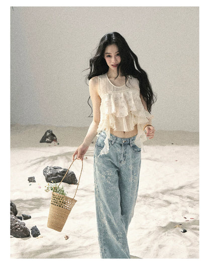 "Moonlight Across the Lake" Pale Goose Yellow Chiffon Mesh Sleeveless Crop Top