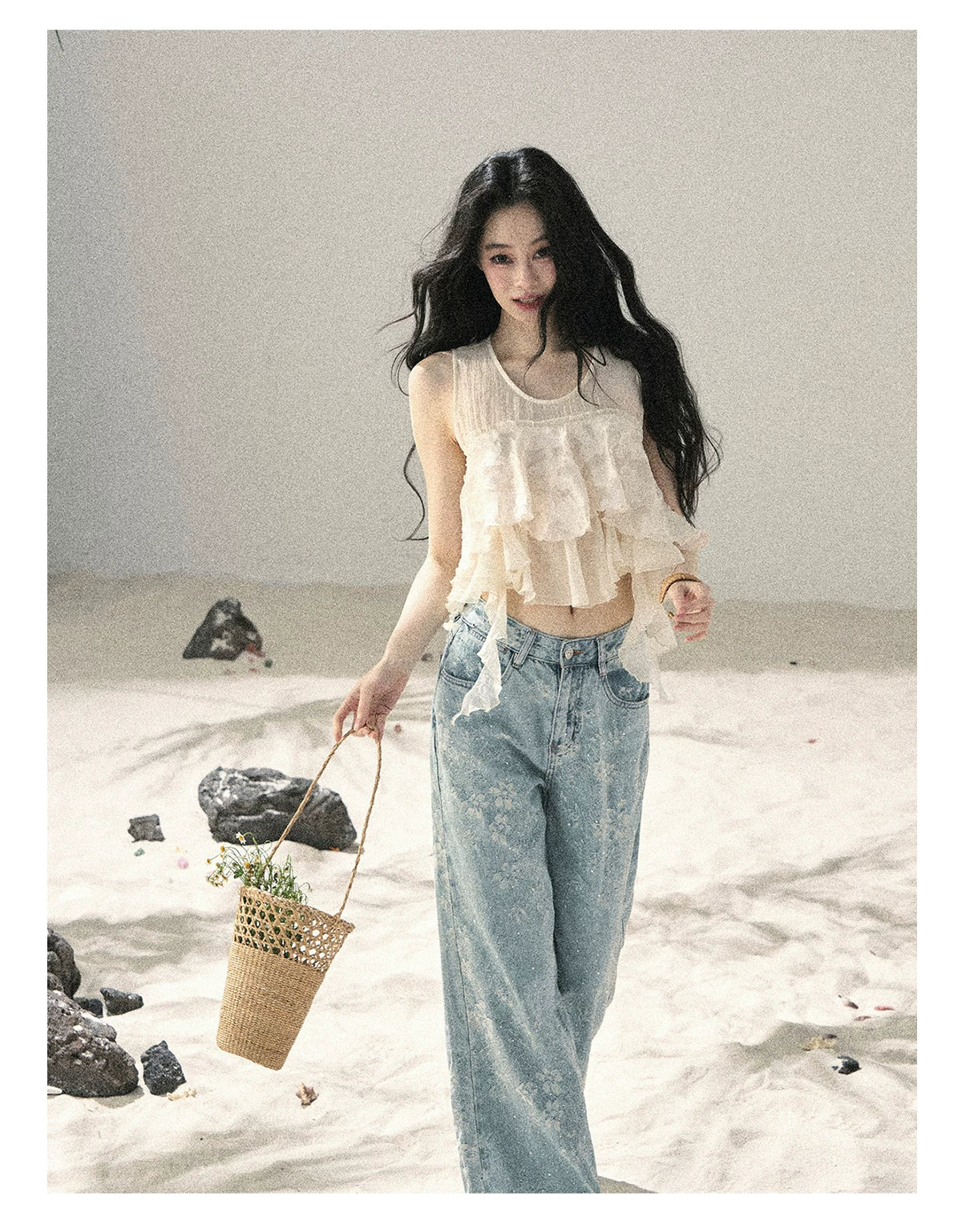 "Twinkling Starlight" Sky Blue Floral Rhinestone Wide-Leg Jeans