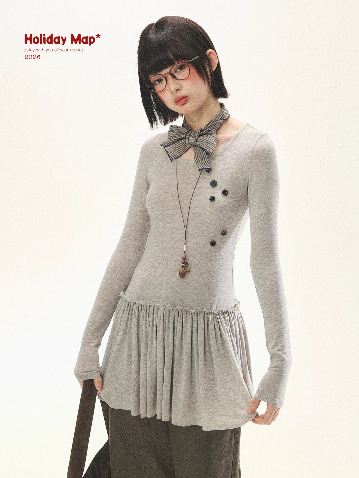 "Spring Memoir" TENCEL™ Wool Pleated Knit Midi Dress (Oat Gray/ Butter Cream)