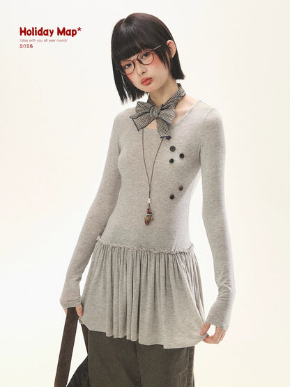 "Spring Memoir" TENCEL™ Wool Pleated Knit Midi Dress (Oat Gray/ Butter Cream)