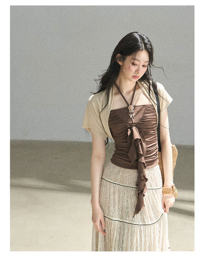 "In the Evening Breeze" Chestnut Brown Halter Ruched Top & Milk Tea Shrug Set