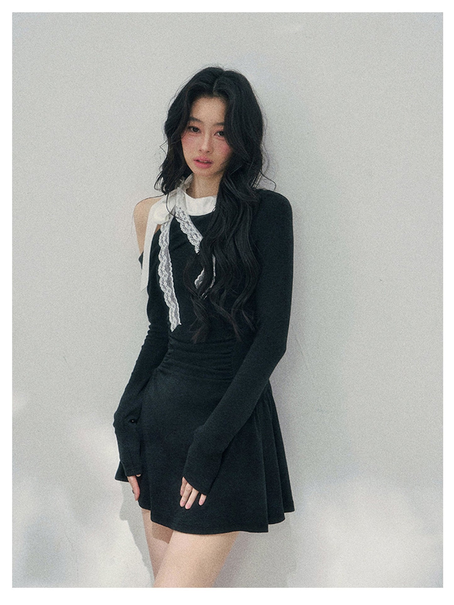 少也眼 “Lingering Warmth Entwined” Layered French Lace One-Shoulder Mini Dress - Serene Black 5435553