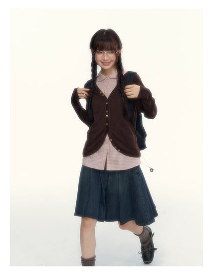 “Chestnut Book Knit” Red Brown Faux-Layered Colorful Button Cardigan
