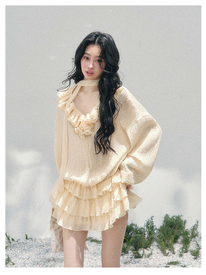 少也眼 “Evening Breeze Skirt” Milkshake Yellow Tiered Chiffon Mini Dress with Scarf Tie & Shorts 534583