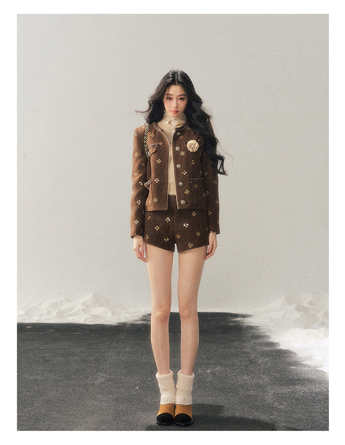 少也眼 "Deep Winter Wutong" Quilted Wool Tweed Two-Piece Set