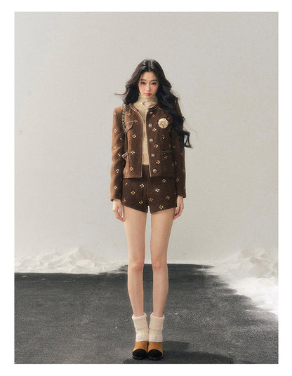 少也眼 "Deep Winter Wutong" Quilted Wool Tweed Two-Piece Set