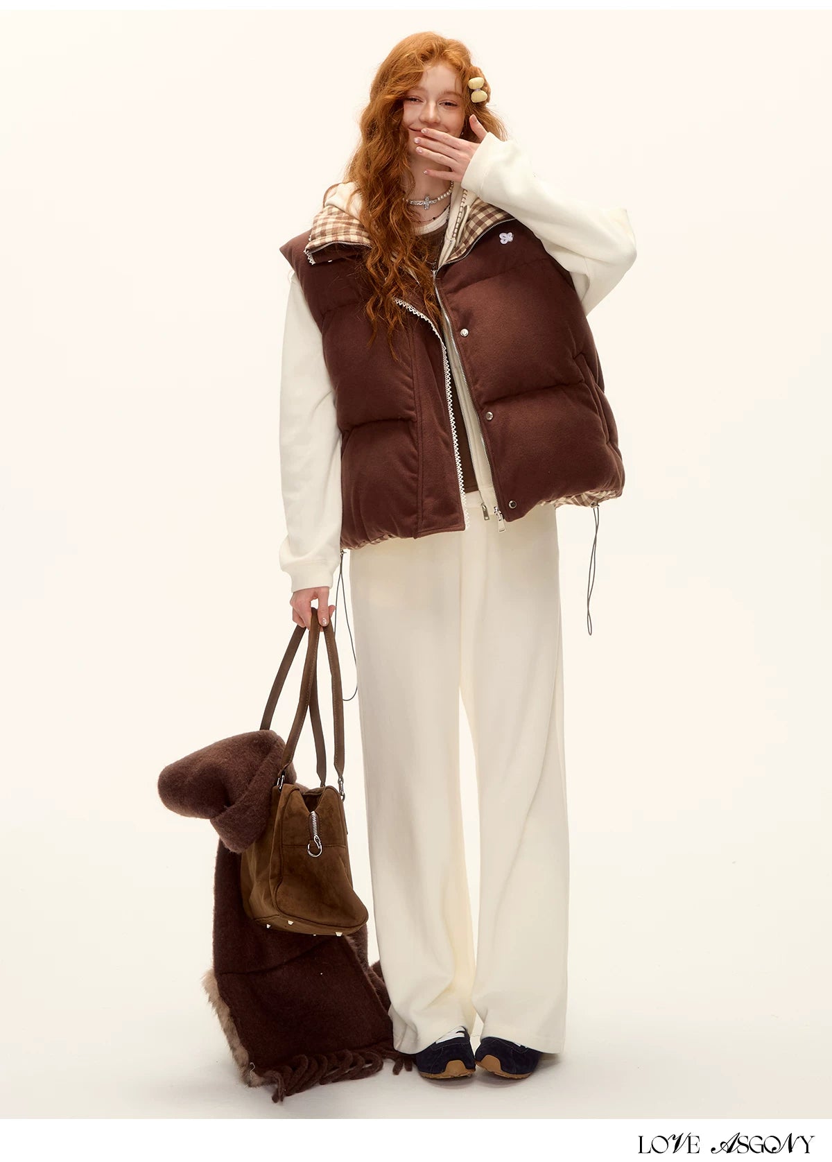 ASGONY - Reversible Plaid Lace-Trim Quilted Vest (Brown / Gray)