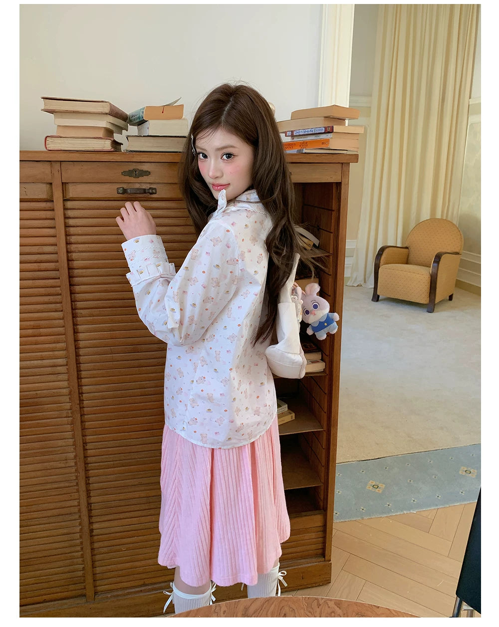 “Pudding Bear Letter” White Teddy Print Lace Blouse
