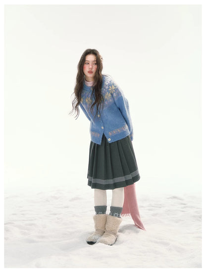 CANSTORE - "Blue Sky Echo" Fair Isle Bow Jacquard Knit Cardigan
