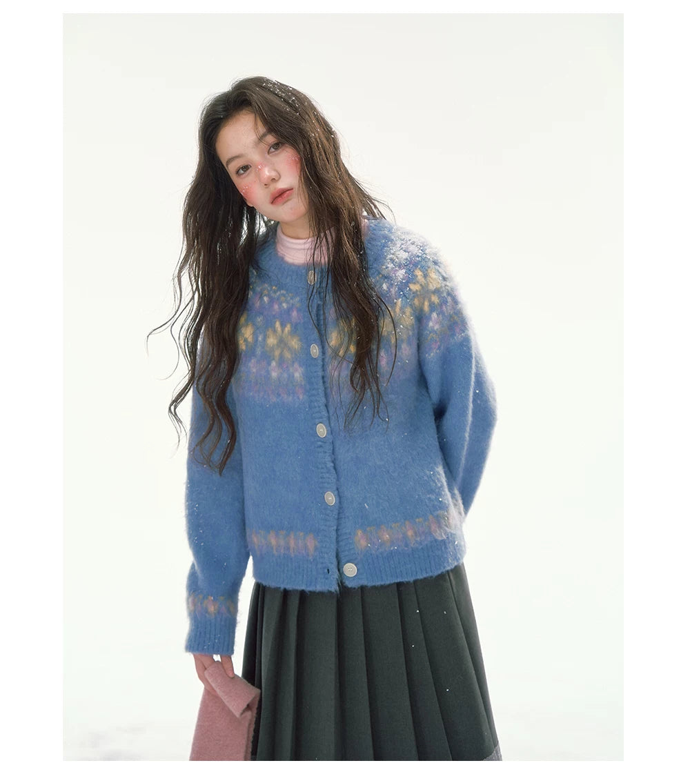 CANSTORE - "Blue Sky Echo" Fair Isle Bow Jacquard Knit Cardigan