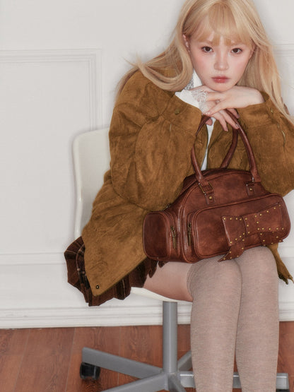 “Maillard Warmth” Yellow-Brown Faux Suede Fleece-Lined Short Jacket M6667