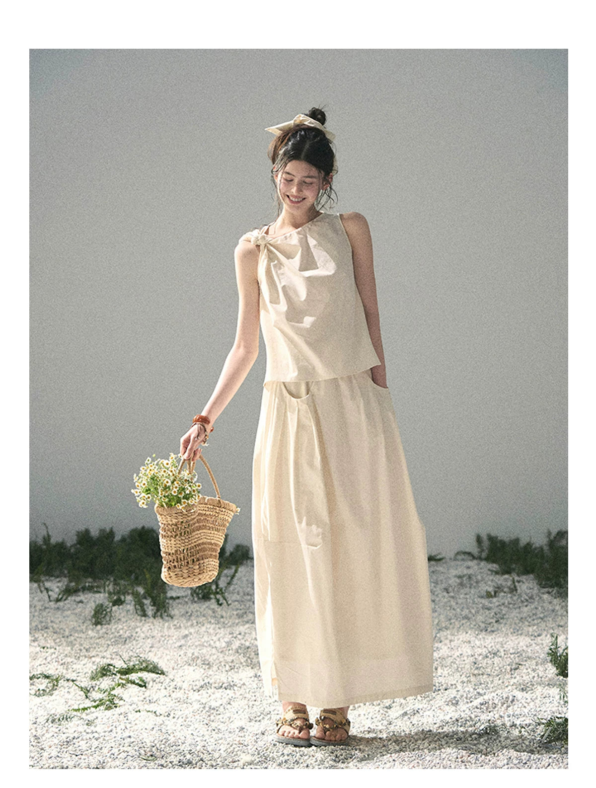 “Ivory Pleated Verse” Soft White Asymmetrical Twist Top & Skirt