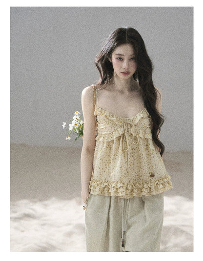 "Her Little Daisy" Milkshake Yellow Floral Ruffle Cami Top