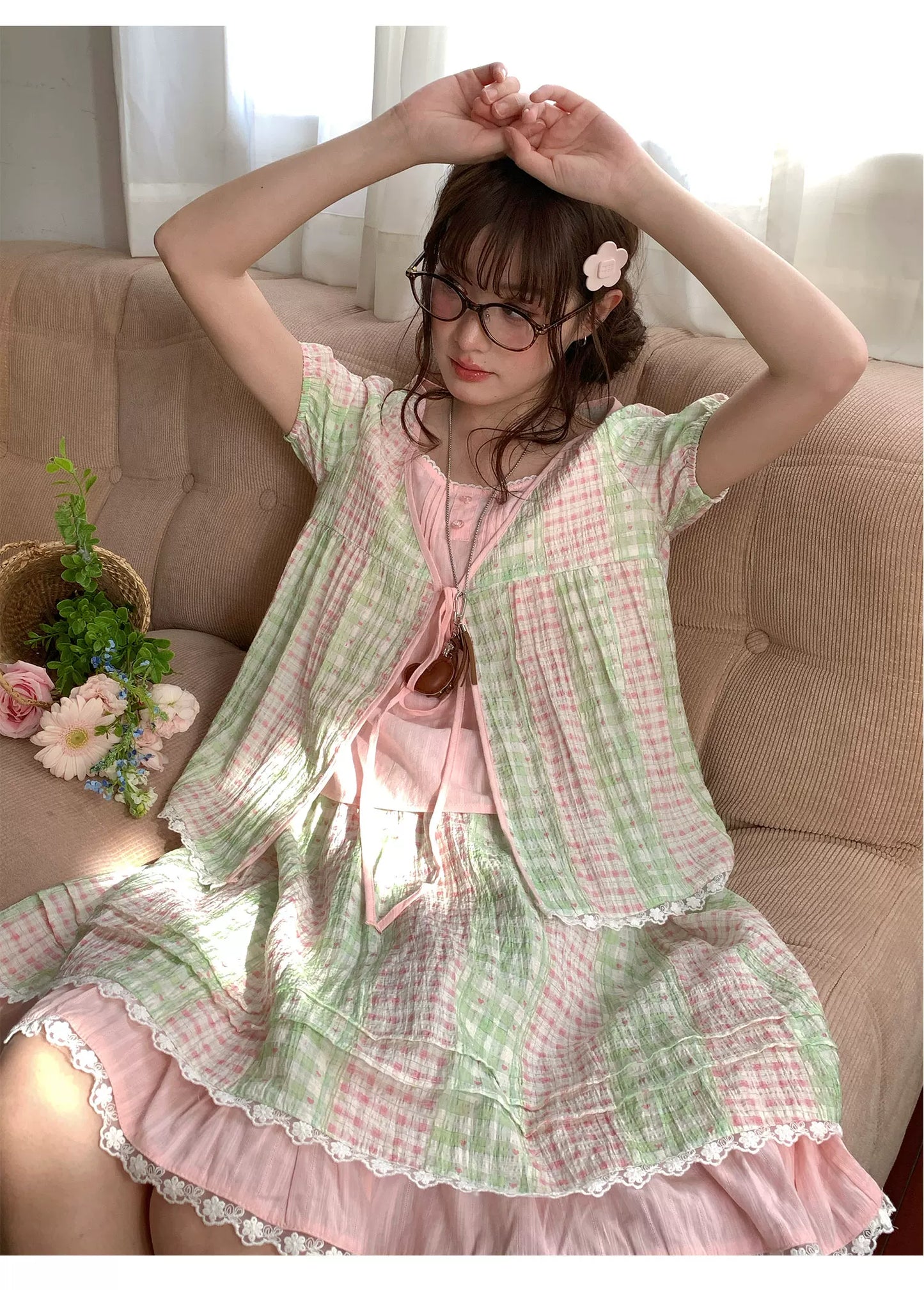 [RF] “Green Grape Picnic” Pastel Plaid Two-Piece Skirt Set