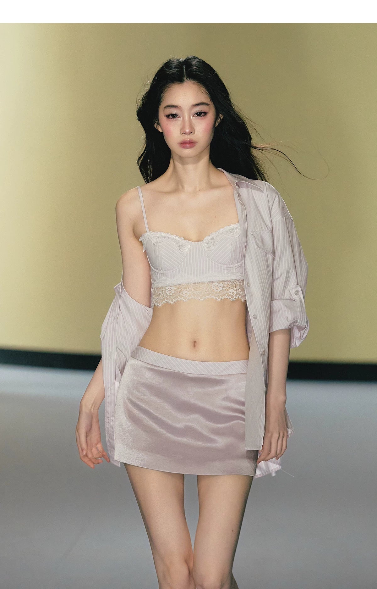 "Rosé Study Session" Pink Stripe Shirt, Lace Corset Cami & Champagne Skort Set